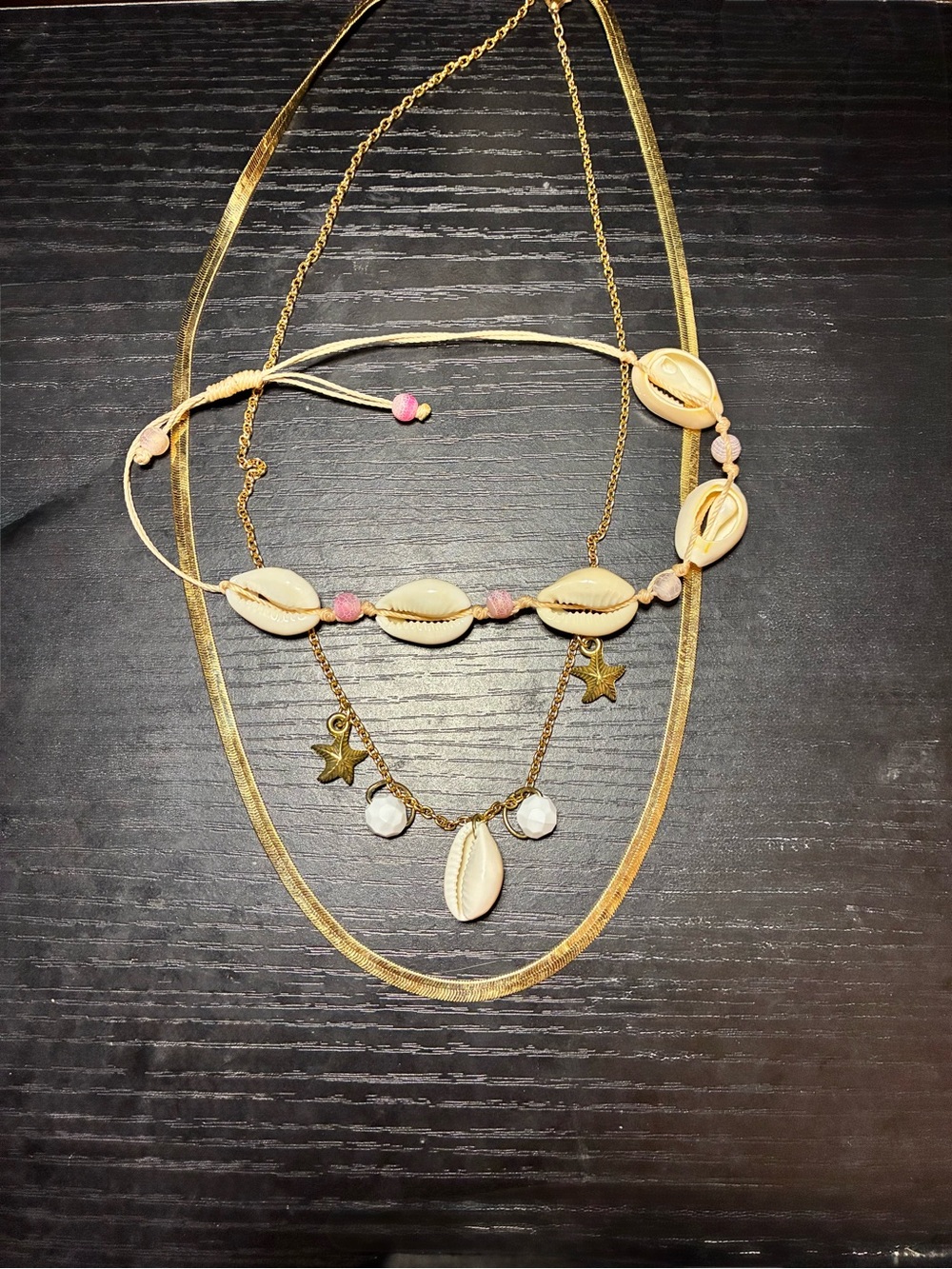 Gold and Pink Shell Layered Necklace Set and anklet